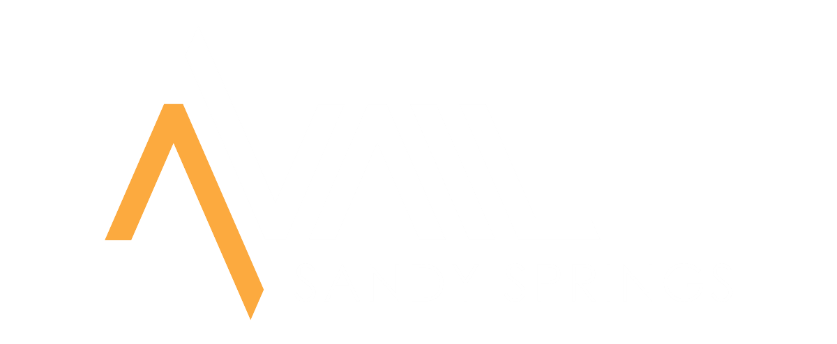 The image is a logo for Sandy Springs, featuring a stylized letter 